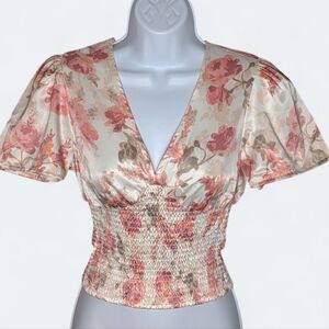 Guess Satin Floral Smocked Blouse Coquette Cottagecore Feminine Whimsical Top